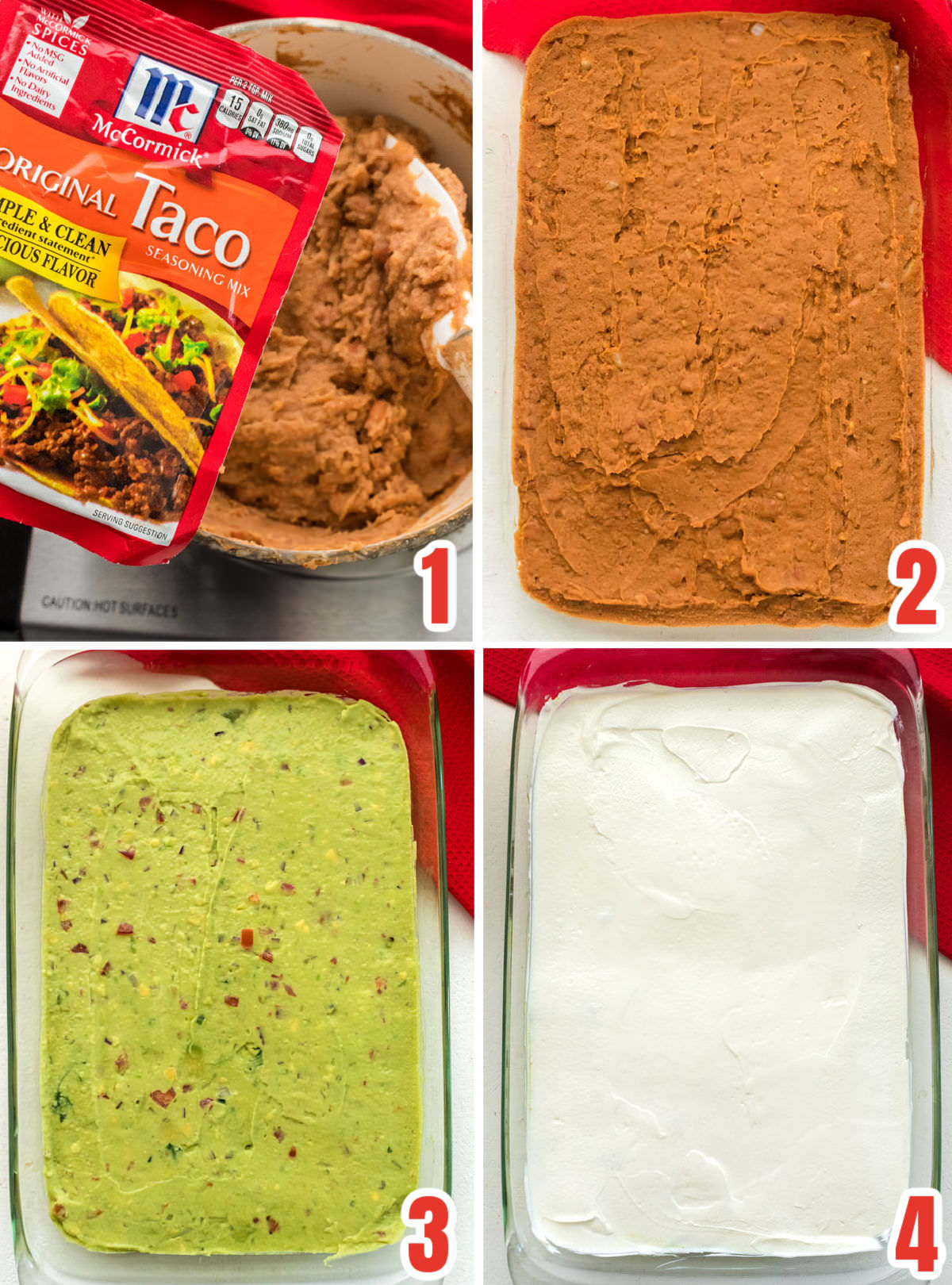 Collage image showing how to build the first three layers of the 7 Layer Dip.
