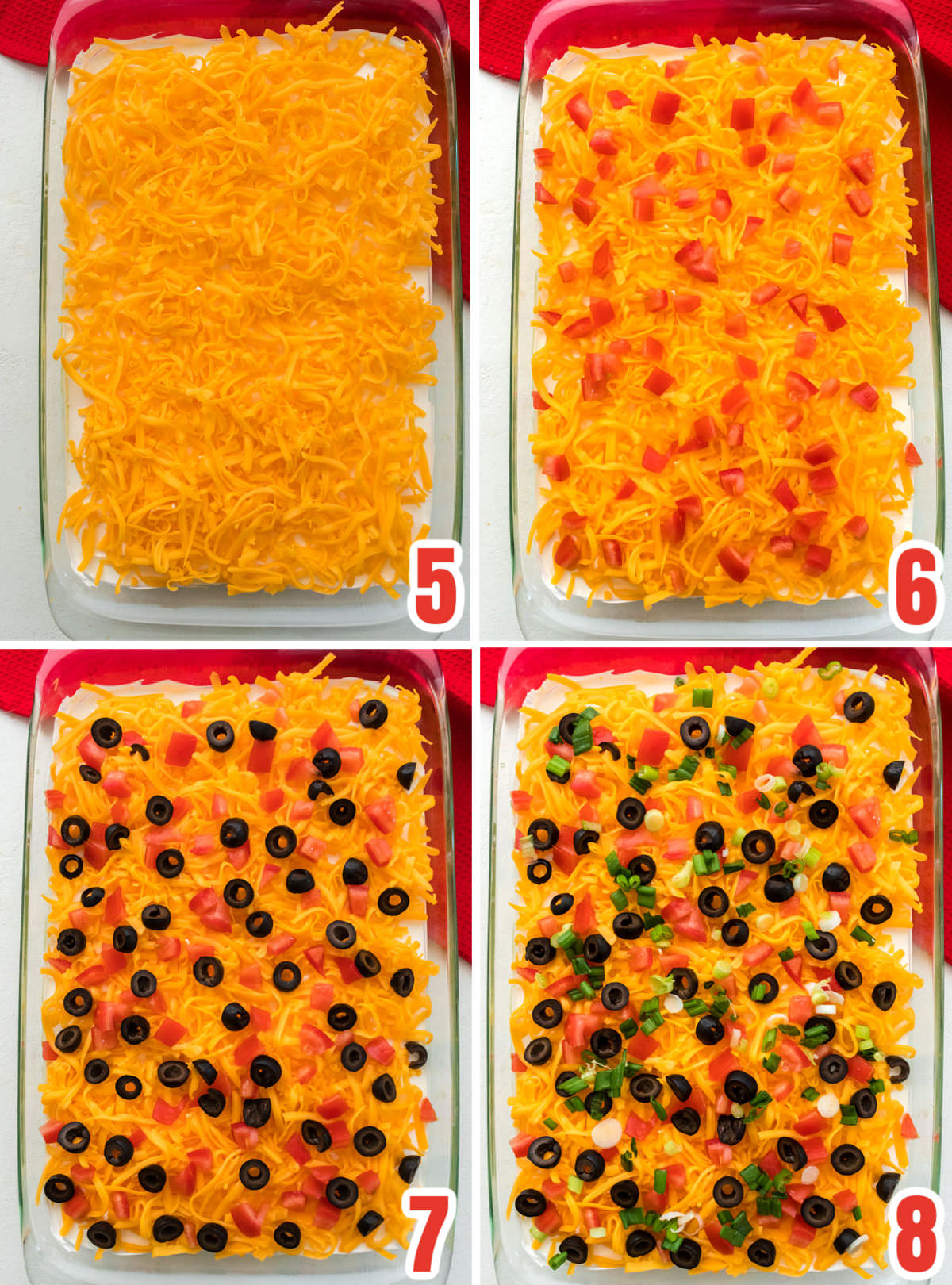 Collage image showing how to add the various layers of food for the 7 Layer Dip.