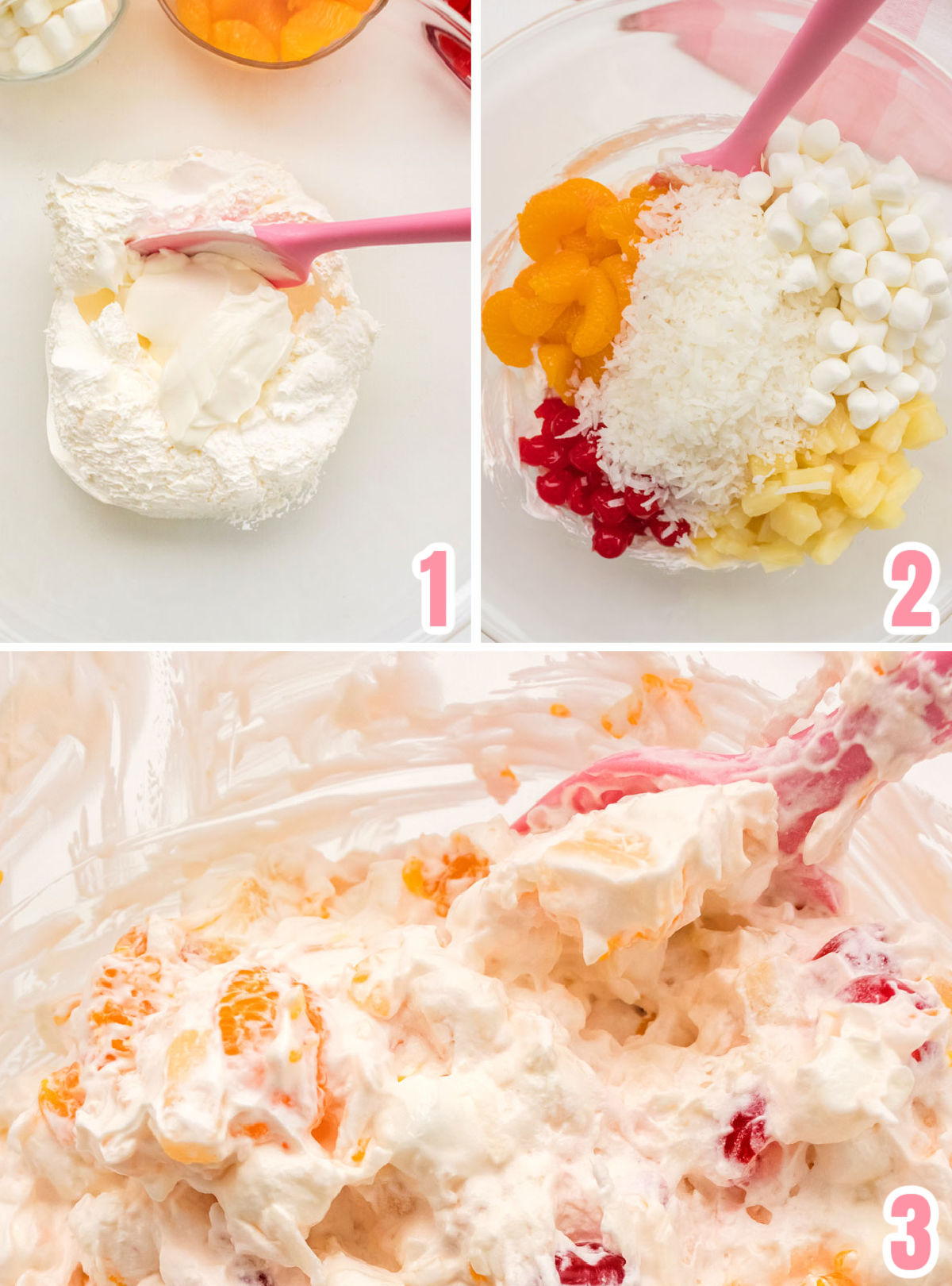 Collage image showing the steps for assembling the Ambrosia Salad.