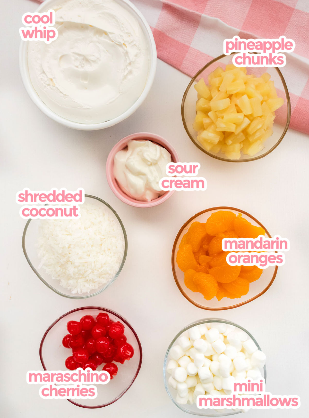 All the ingredients you will need to make Ambrosia Salad including Cool Whip, Pineapple Chunks, Sour Cream, Shredded Coconut, Mandarin Oranges, Maraschino Cherries and Mini Marshmallows.