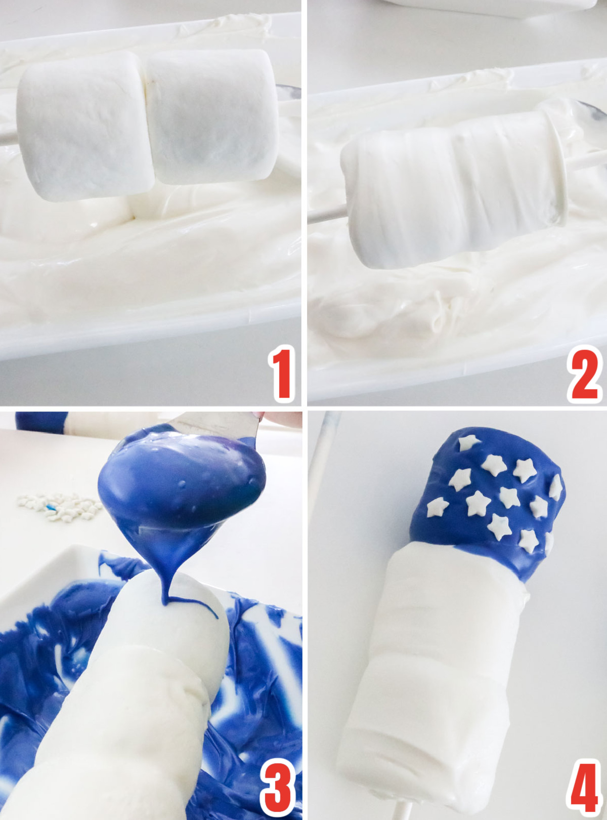 Collage image showing how to use melted candy melts to cover the marshmallows to create the marshmallow pop.