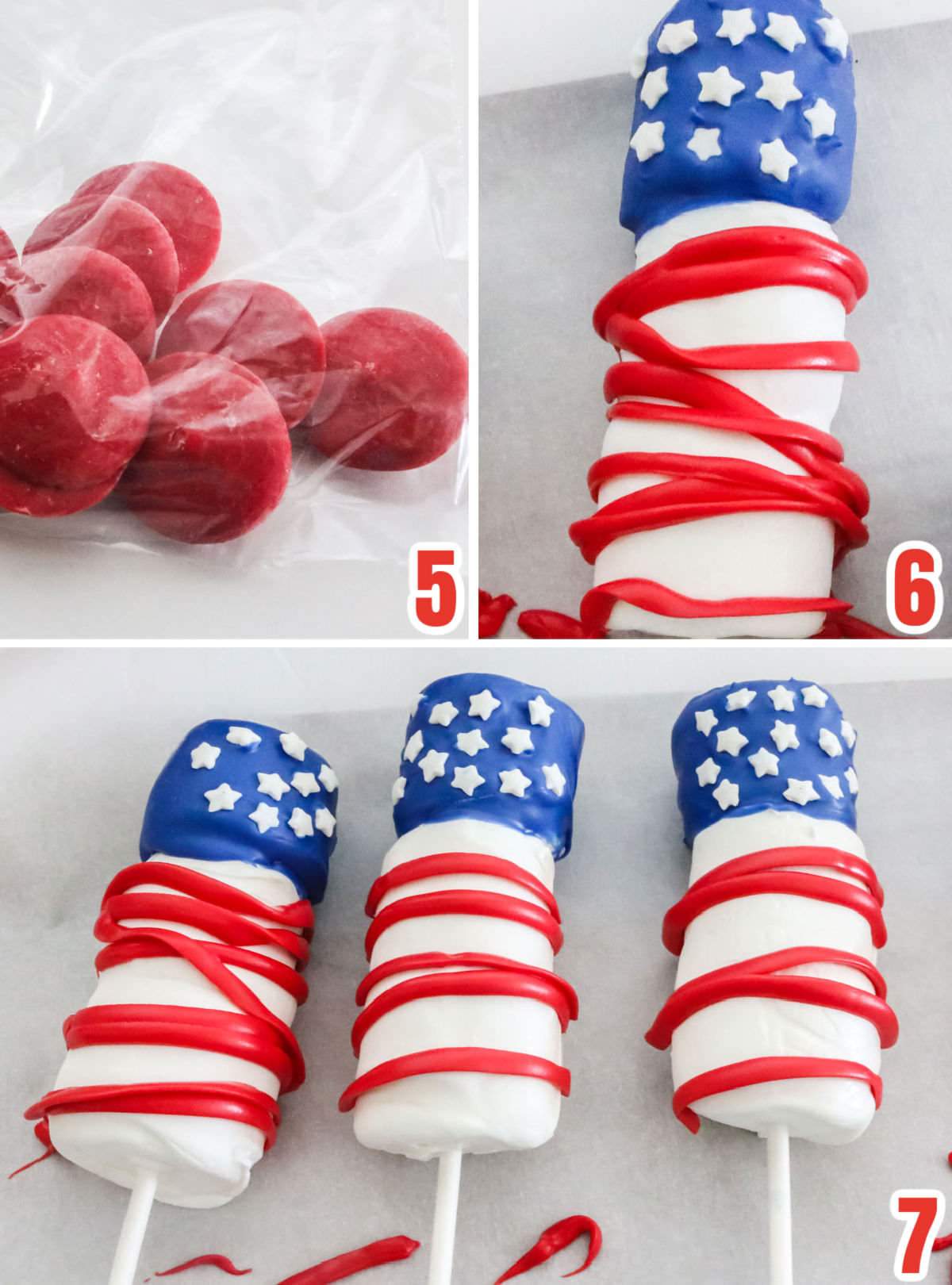 Collage image showing how to use Red Candy Melts to add the red strips  for the American Flag.