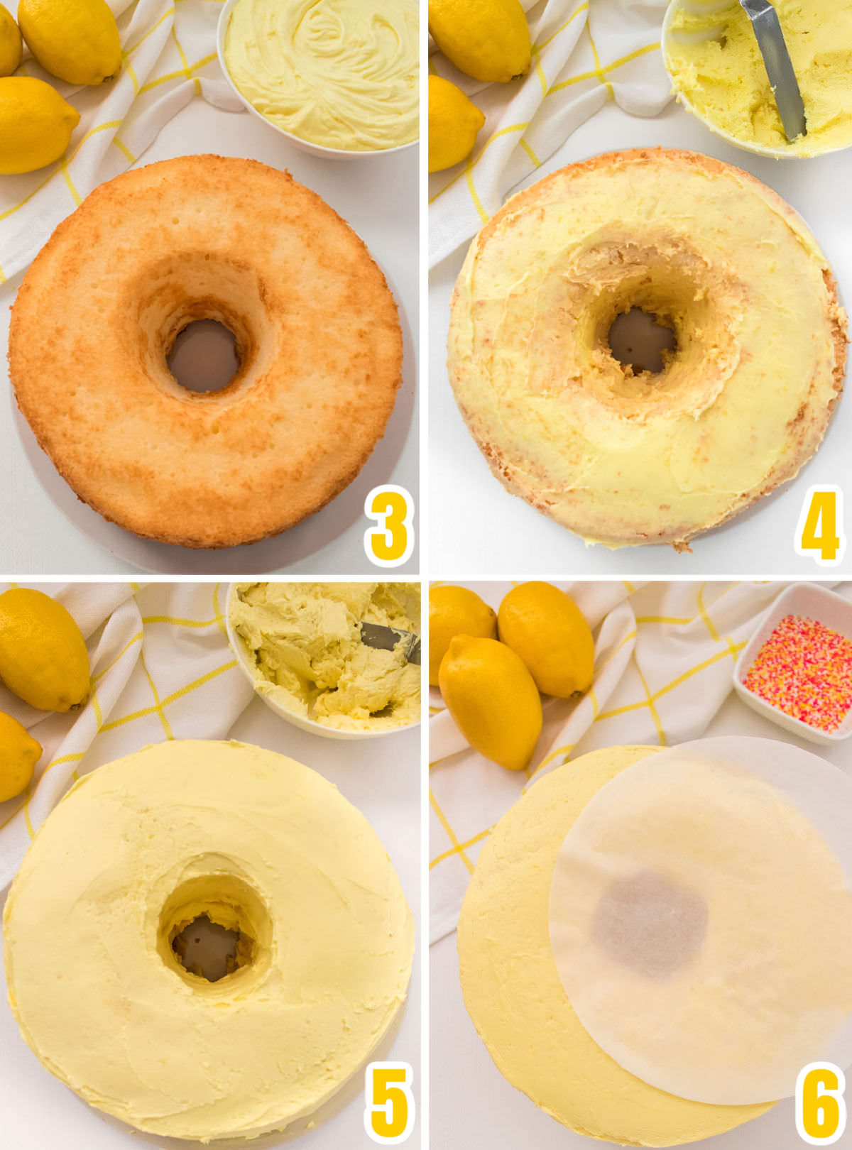 Collage images with all the steps to show you how to frost an Angel Food Cake with Lemon Frosting.