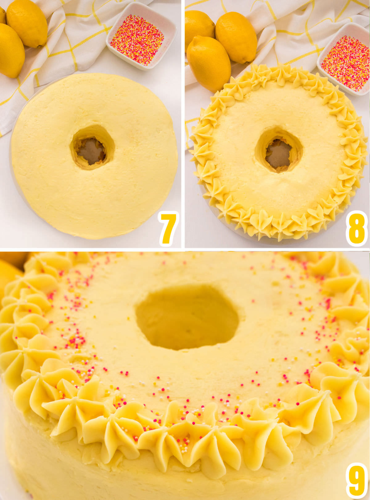 Collage image showing how to add flourishes to a frosted angel food cake.