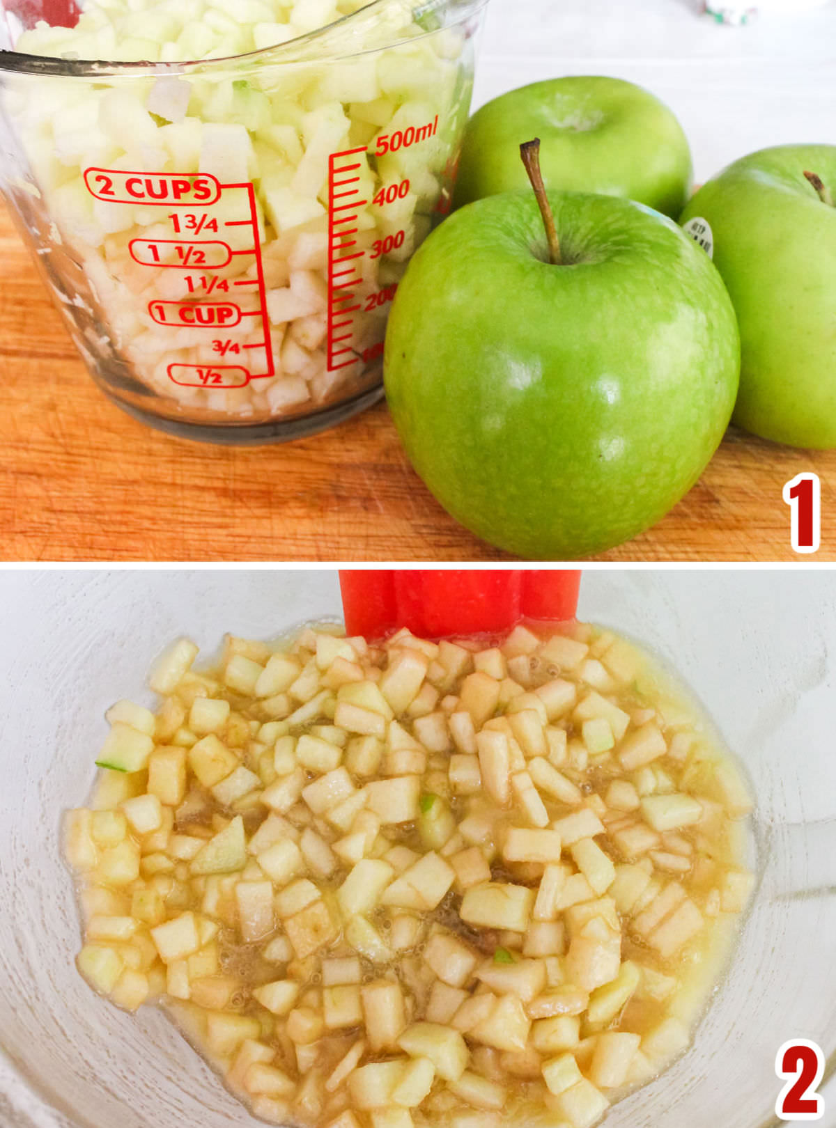 Collage image showing the steps for dicing the apples and mixing the wet ingredients for the Apple Bread batter.