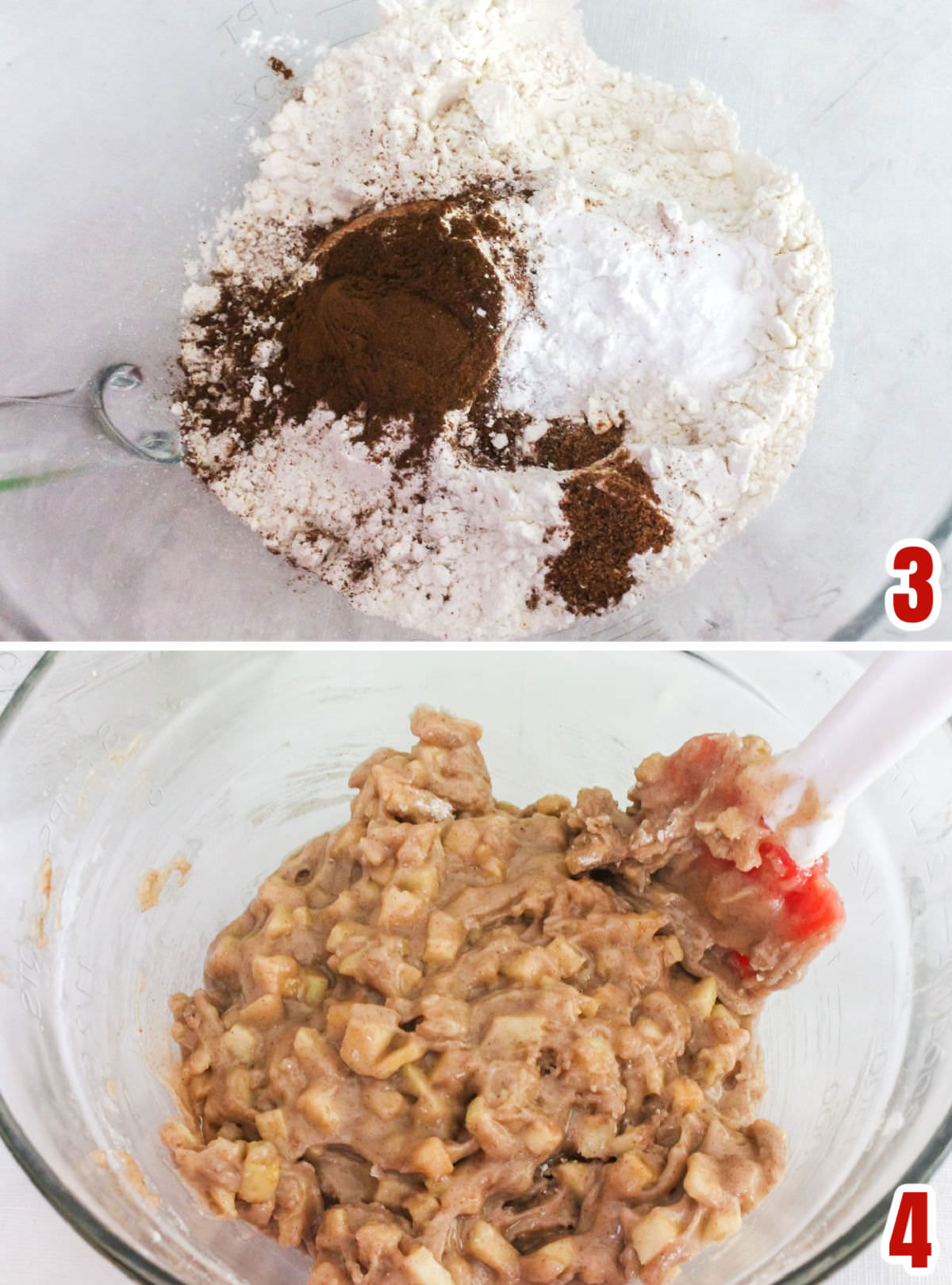 Collage image showing the steps for adding the dry ingredients to the Apple Bread batter.