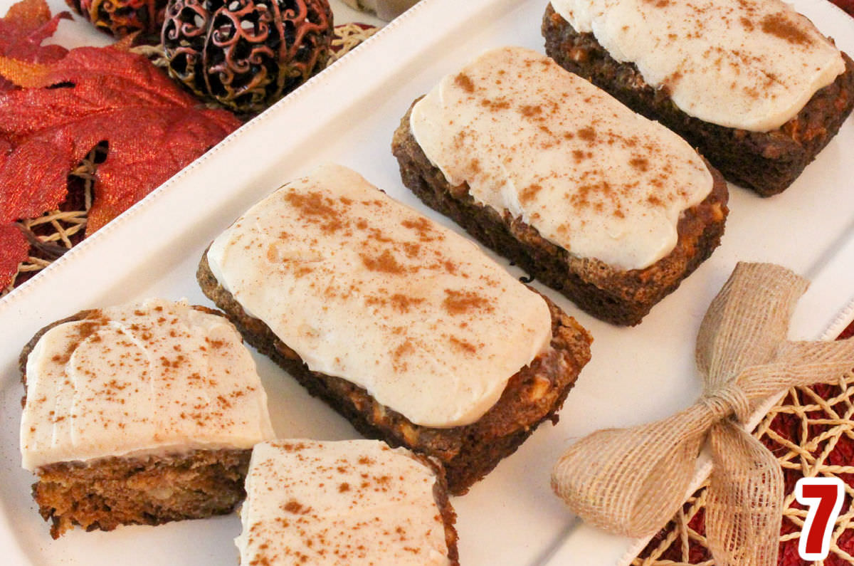 Closeup on a serving platter filled with Frosted Apple Bread Mini Loaves.