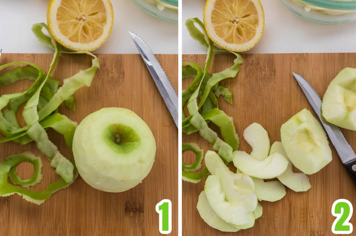 Collage image showing how to peel and slice the apples for the cake.