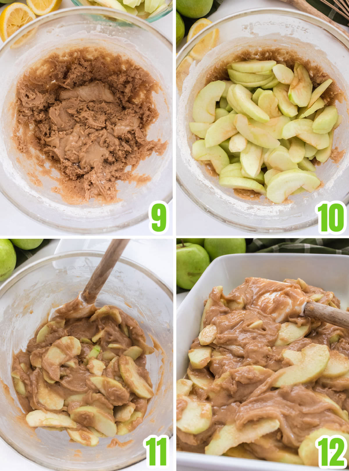 Collage image showing how to fold the apples into the batter.