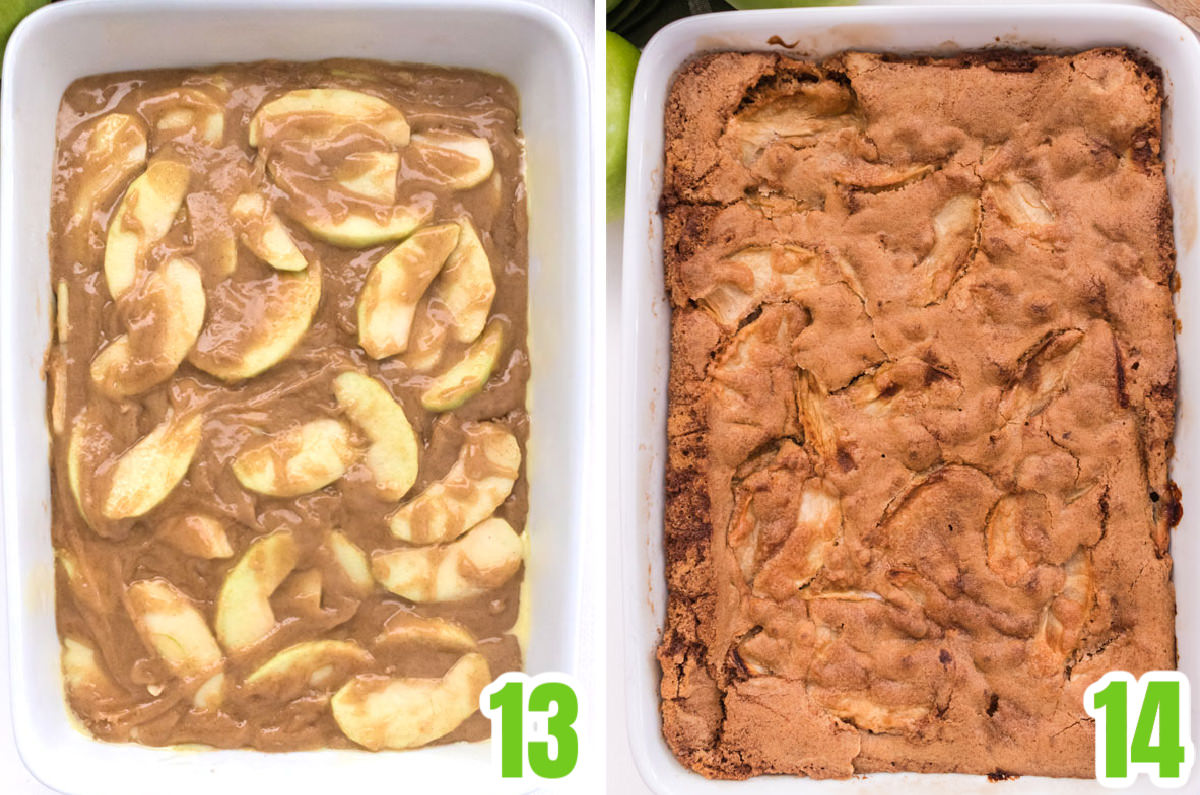 Collage image showing the apple cake before going in the oven and after it comes out of the oven.