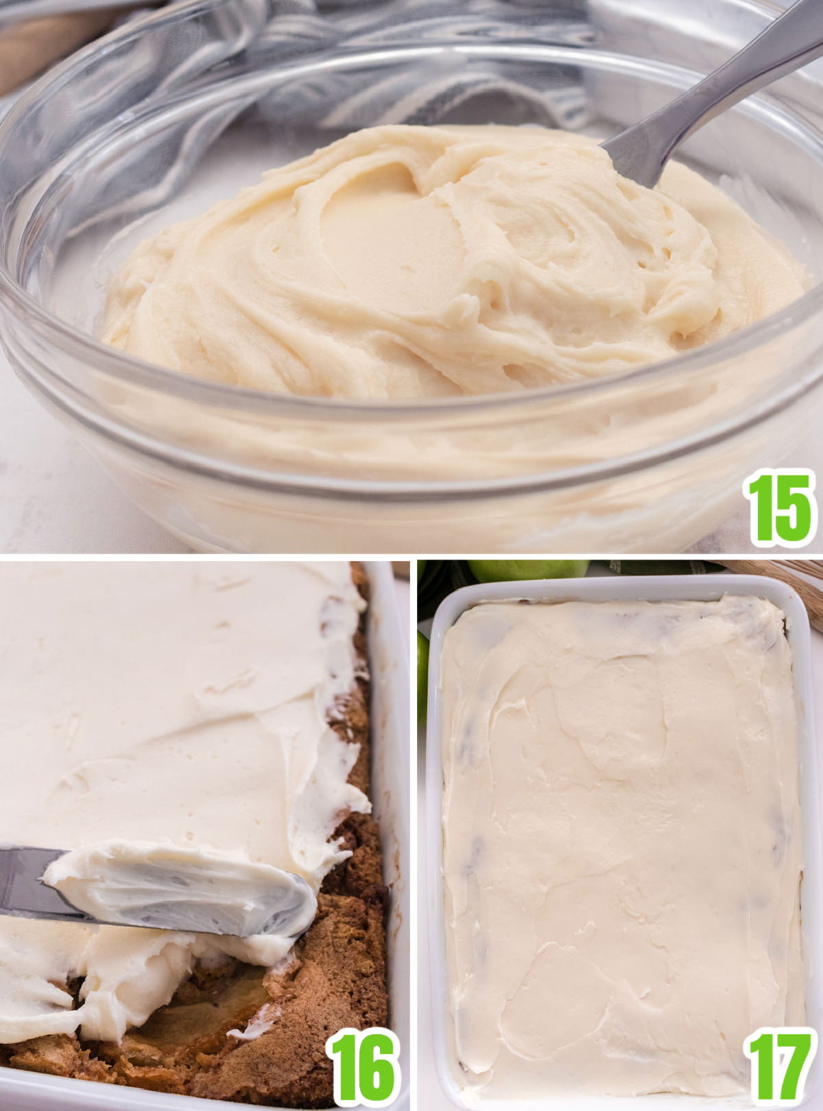 Collage image showing how to Frost the Apple Cake with creamy homemade Cream Cheese Frosting.
