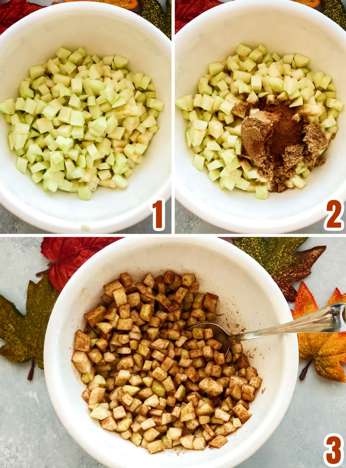Collage image showing the steps for preparing the apples for the cinnamon rolls.