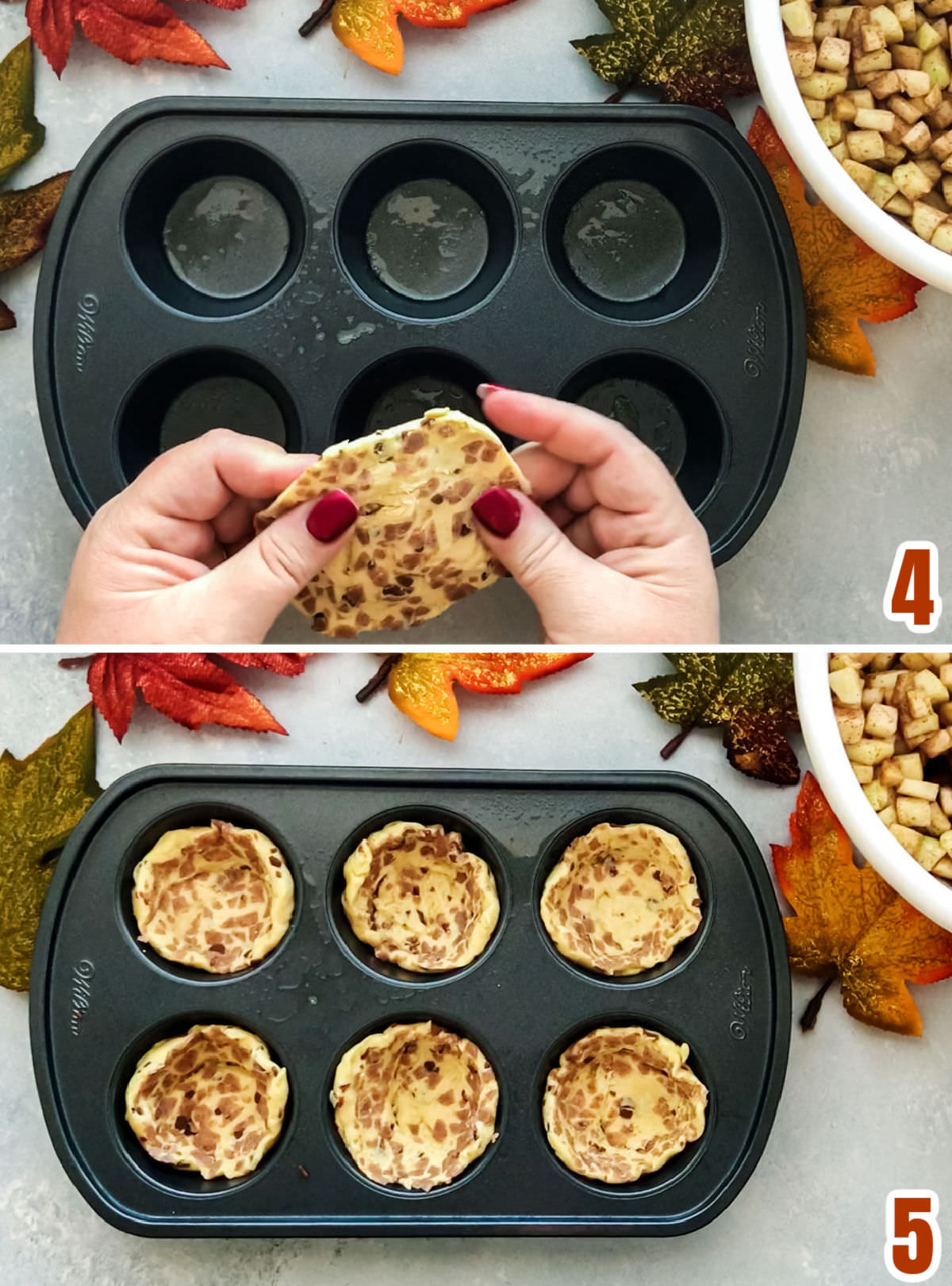 Collage image showing how to press the Cinnamon Roll dough down into the Cupcake pan.
