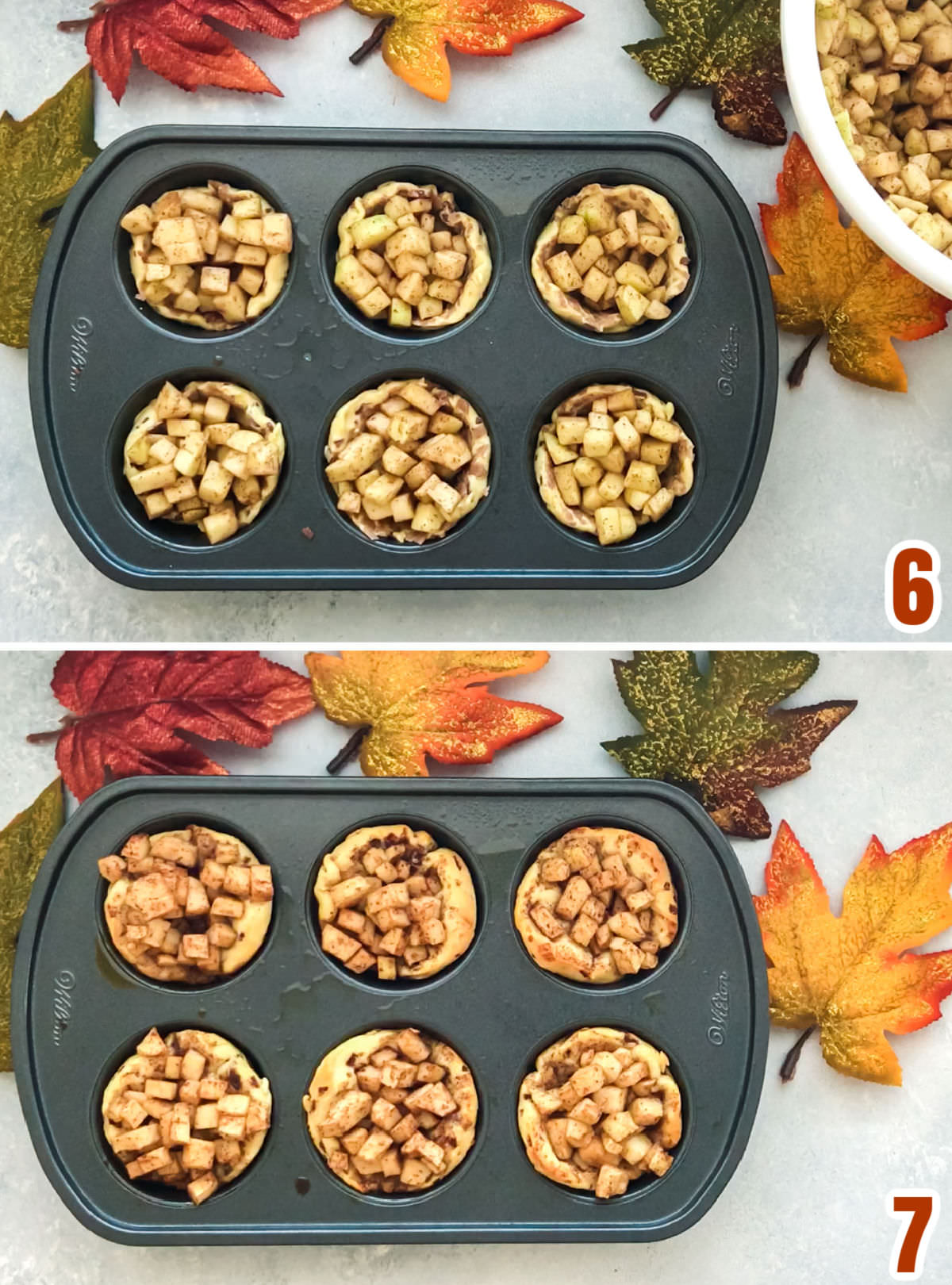 Collage image showing the Apple Cinnamon Rolls before they go in the oven and after then come out of the oven.