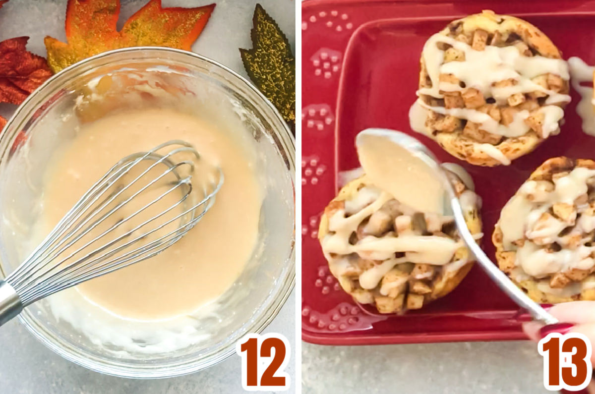 Collage image showing the steps for adding the glaze to the Quick and Easy Cinnamon Rolls.