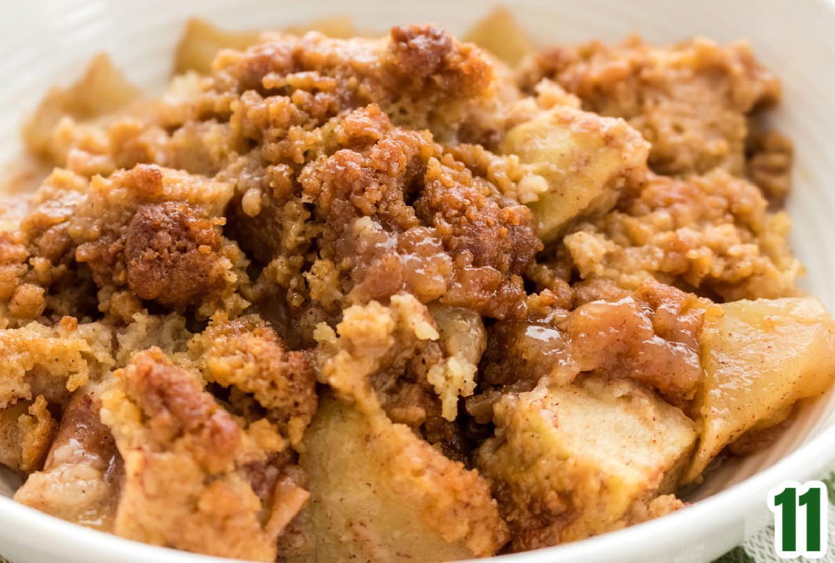 Closeup on a bowl of Easy Apple Cobbler just out of the oven.