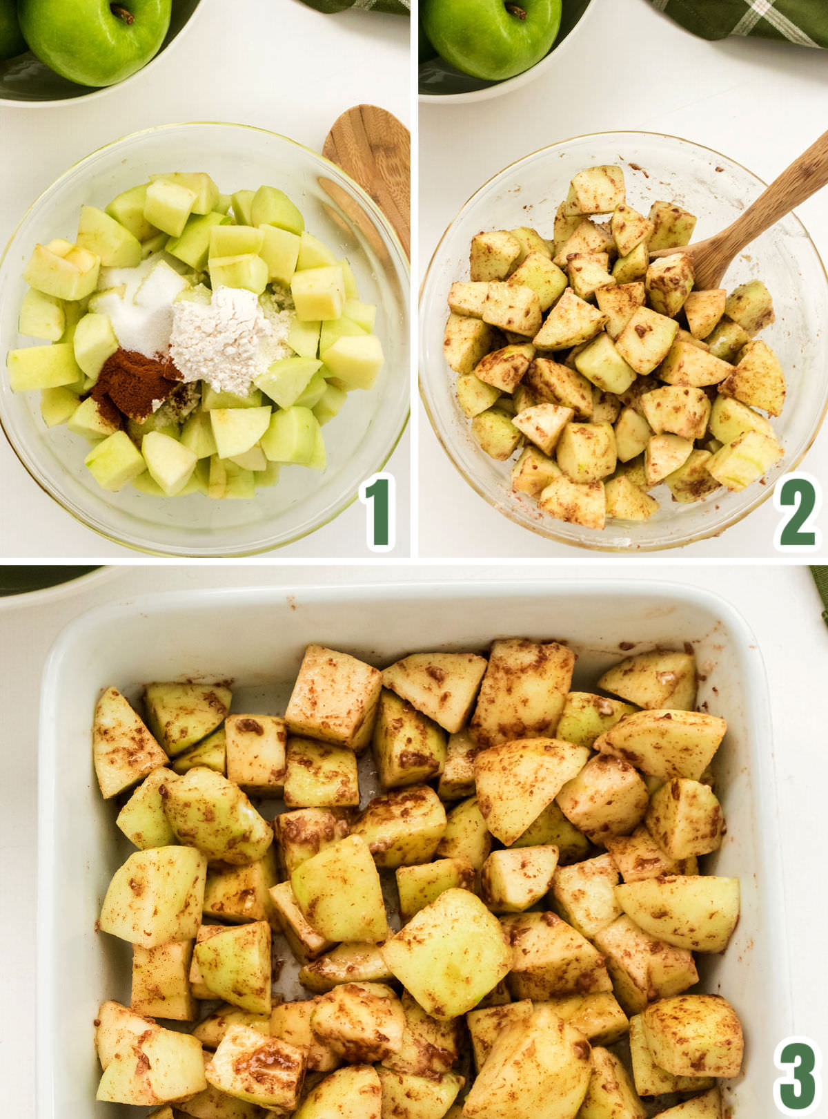 Collage image showing the steps for preparing the apples for the crisp.