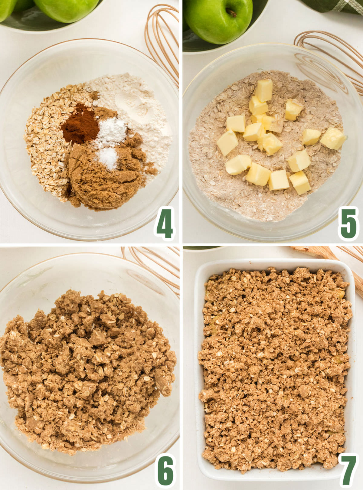 Collage image showing the steps for making the oat topping for the Apple Crisp.