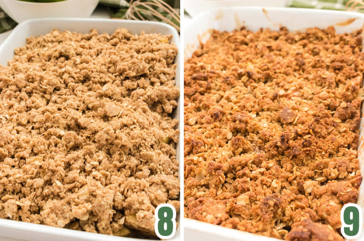 Collage image showing the baking pan before going into the oven and after coming out of the oven.