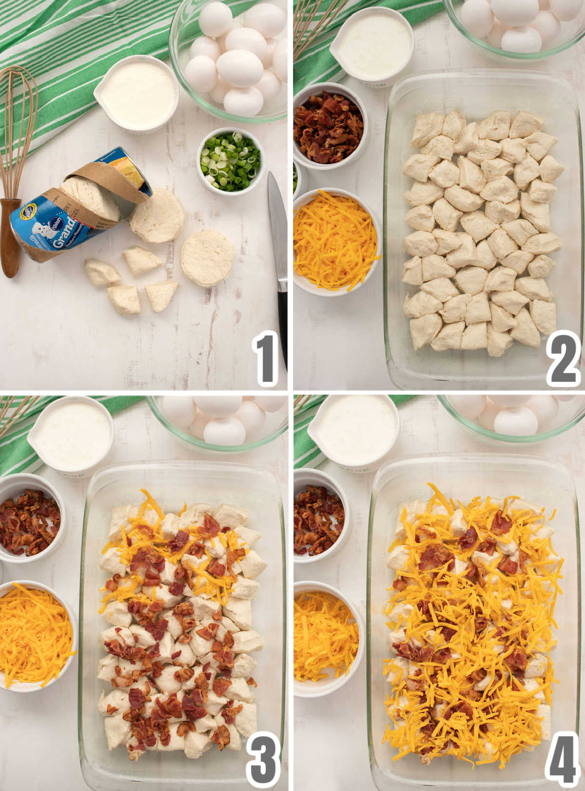 Collage image showing the steps for arranging the biscuits pieces in the baking pan for the biscuit casserole.