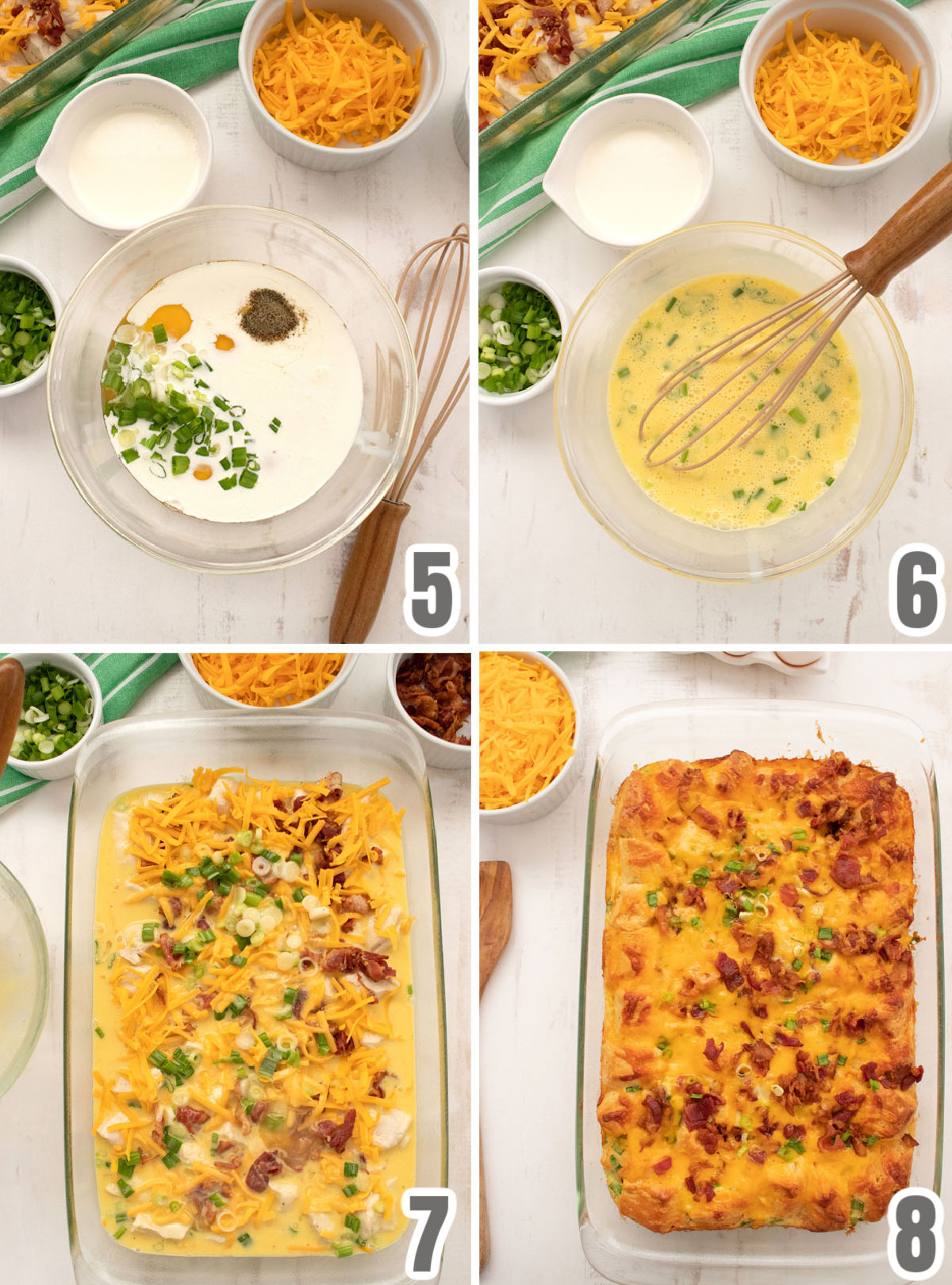 Collage image showing the steps for preparing the casserole for baking.