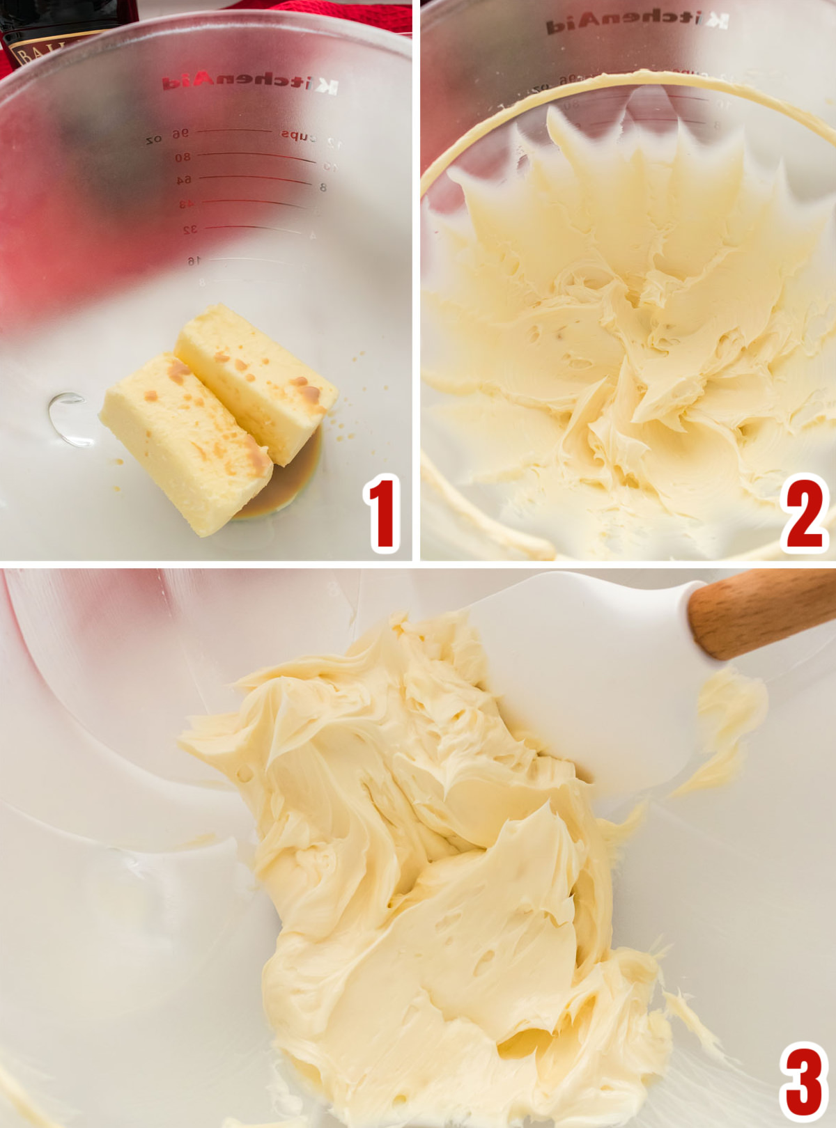 Collage image showing the steps for mixing the Baileys Irish Cream with the butter to make the most flavorful frosting.