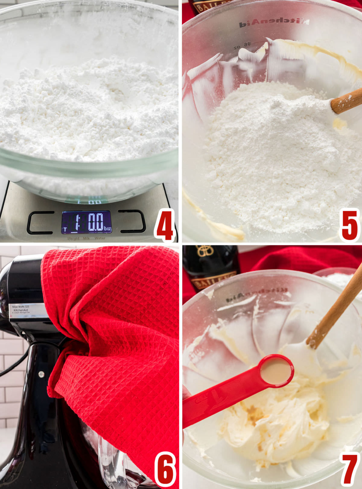 Collage image showing the steps for adding the powdered sugar to the frosting.