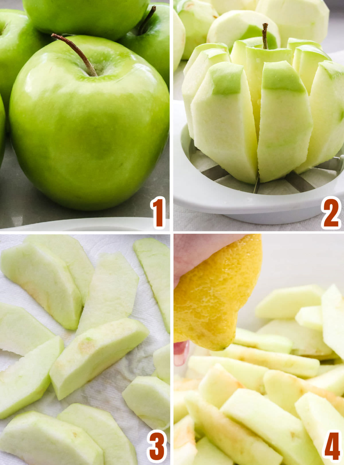 Collage image showing the steps for slicing the baking apples to prepare them for baking.