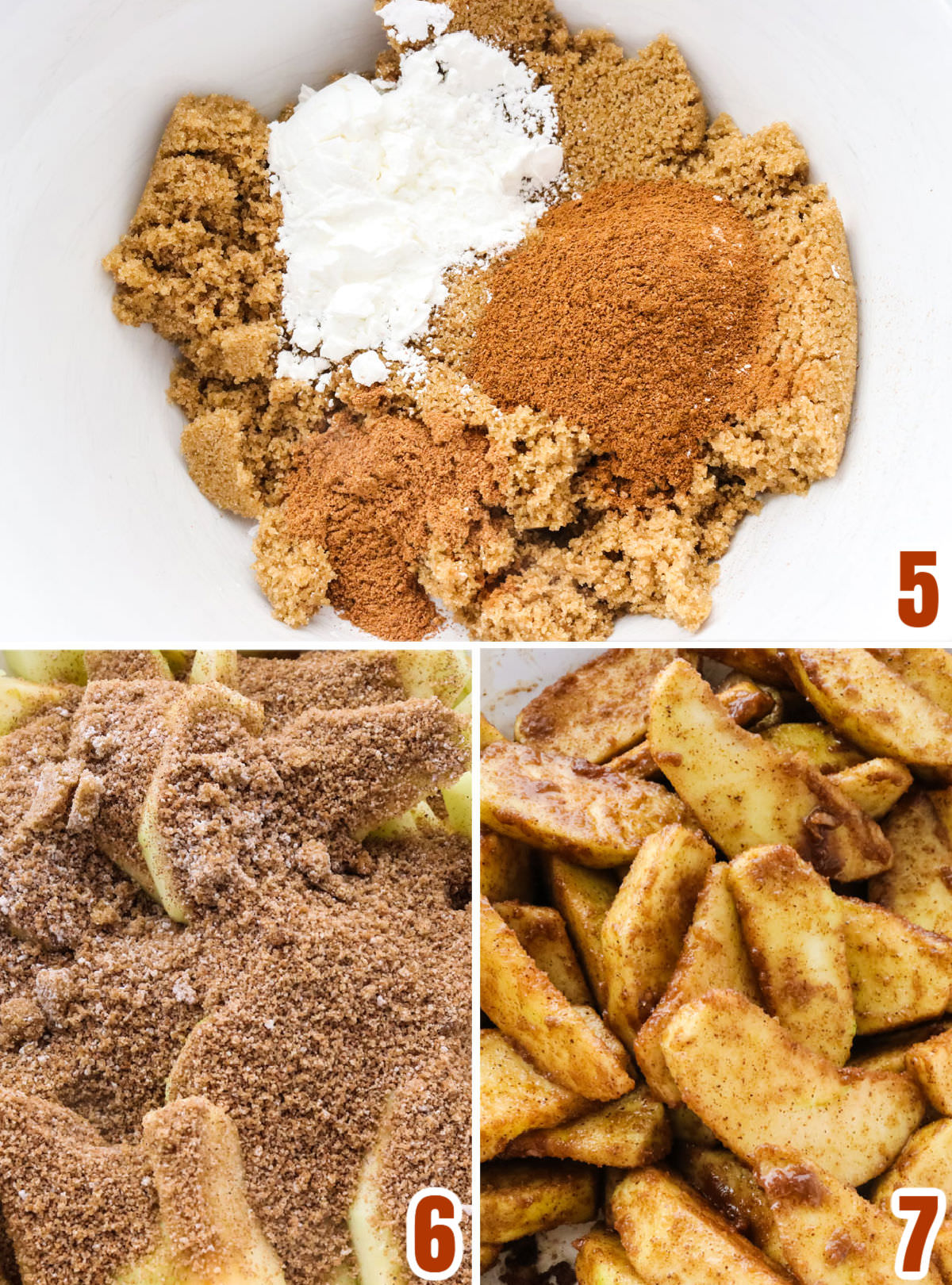 Collage image showing the steps for covering the apple slices with the cinnamon sugar mixture.