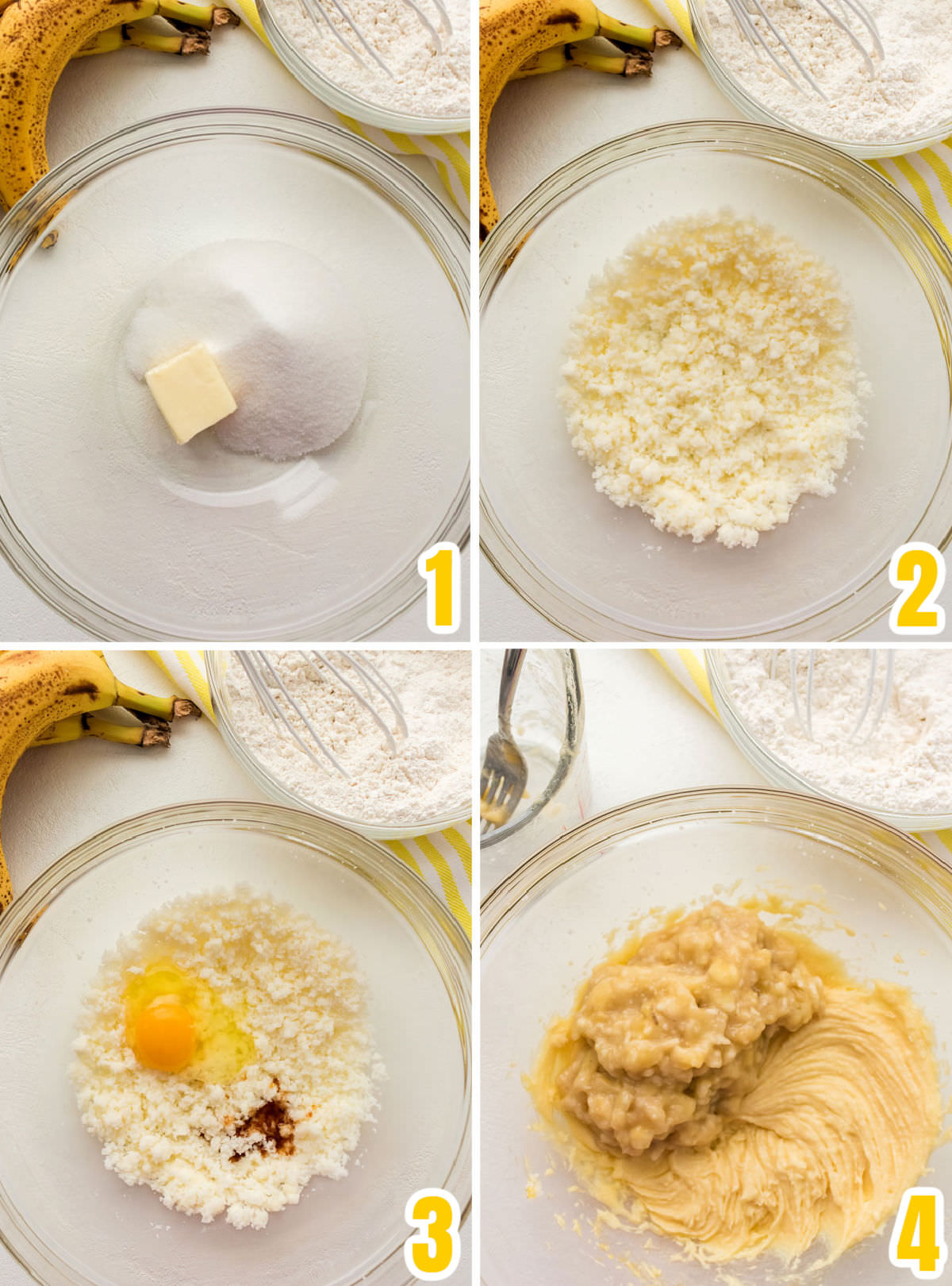Collage image showing the steps for making the Banana Bread batter.