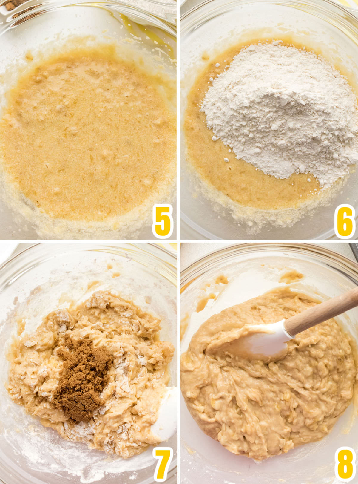 Collage image showing how to mix the wet ingredients with the dry ingredients for the Banana Bread batter.