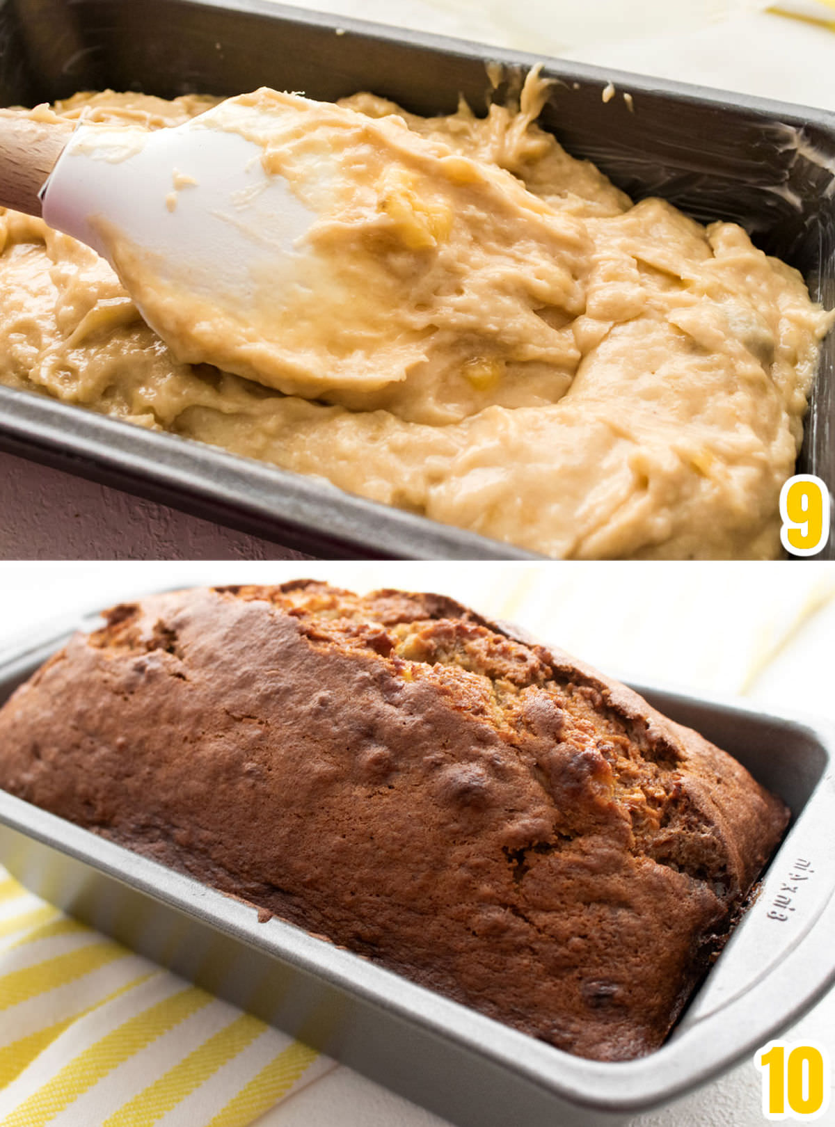 Collage images showing the Banana Bread before going into the oven and after coming out of the oven.