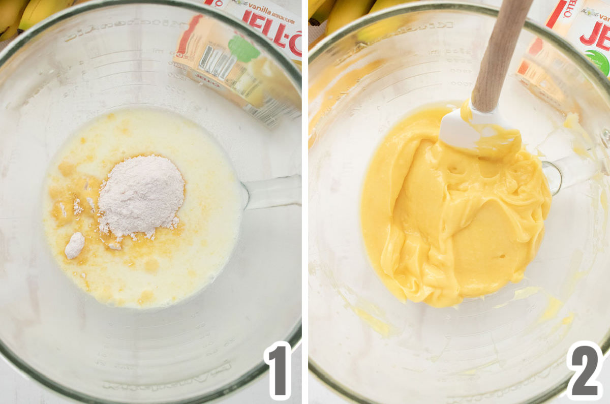 A collage image showing how to make the instant vanilla pudding for the Banana Pudding mixture.