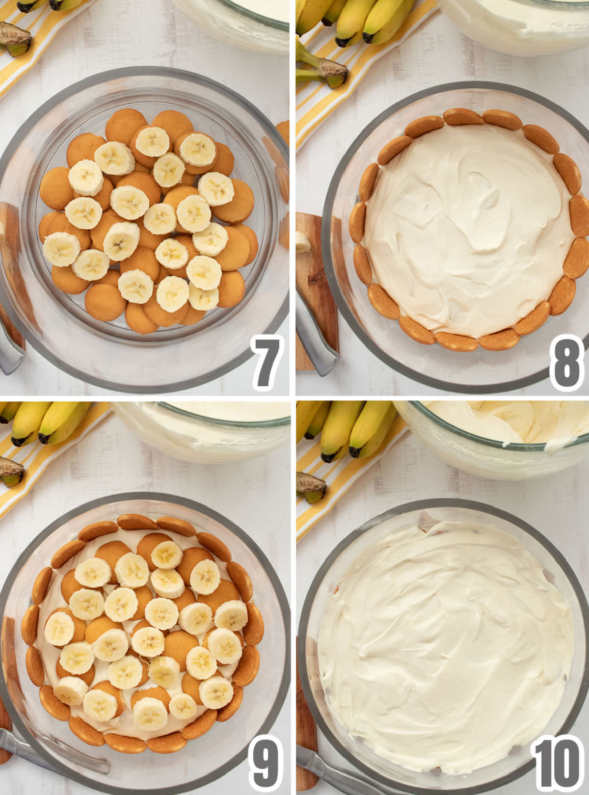 A collage images showing how to assemble the first two layers of the Banana dessert.