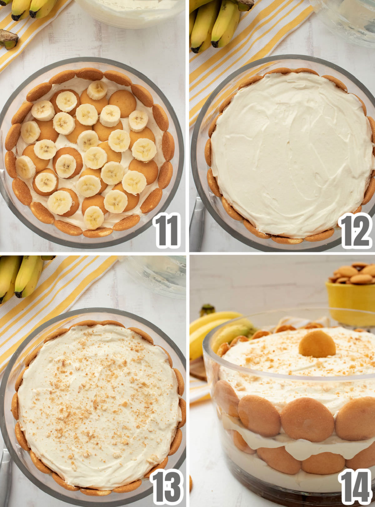 A collage image showing the steps for layering the Pudding ingredients into the bowl.