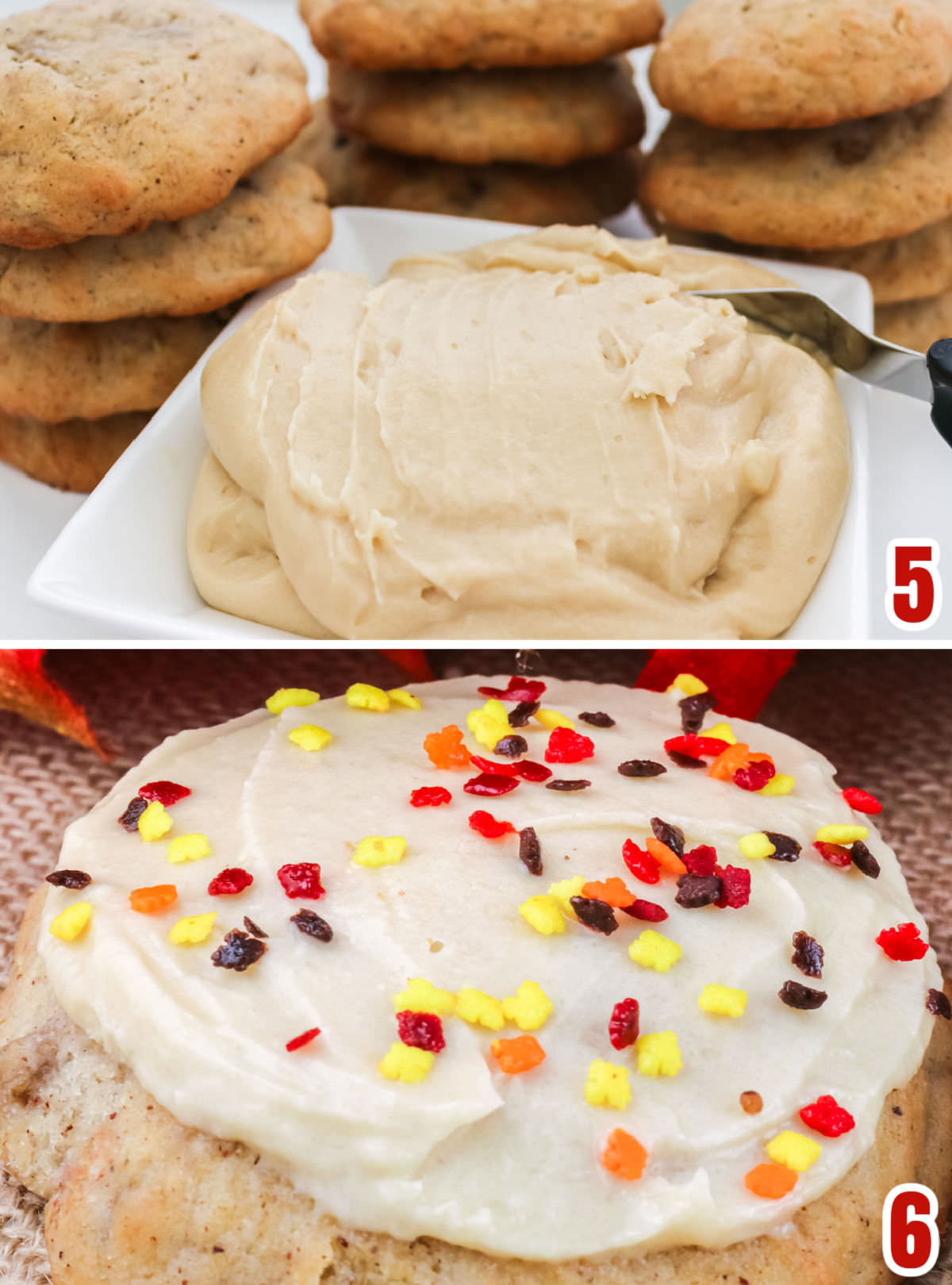Collage image showing the steps for frosting the Banana Cookies with the cream cheese frosting.