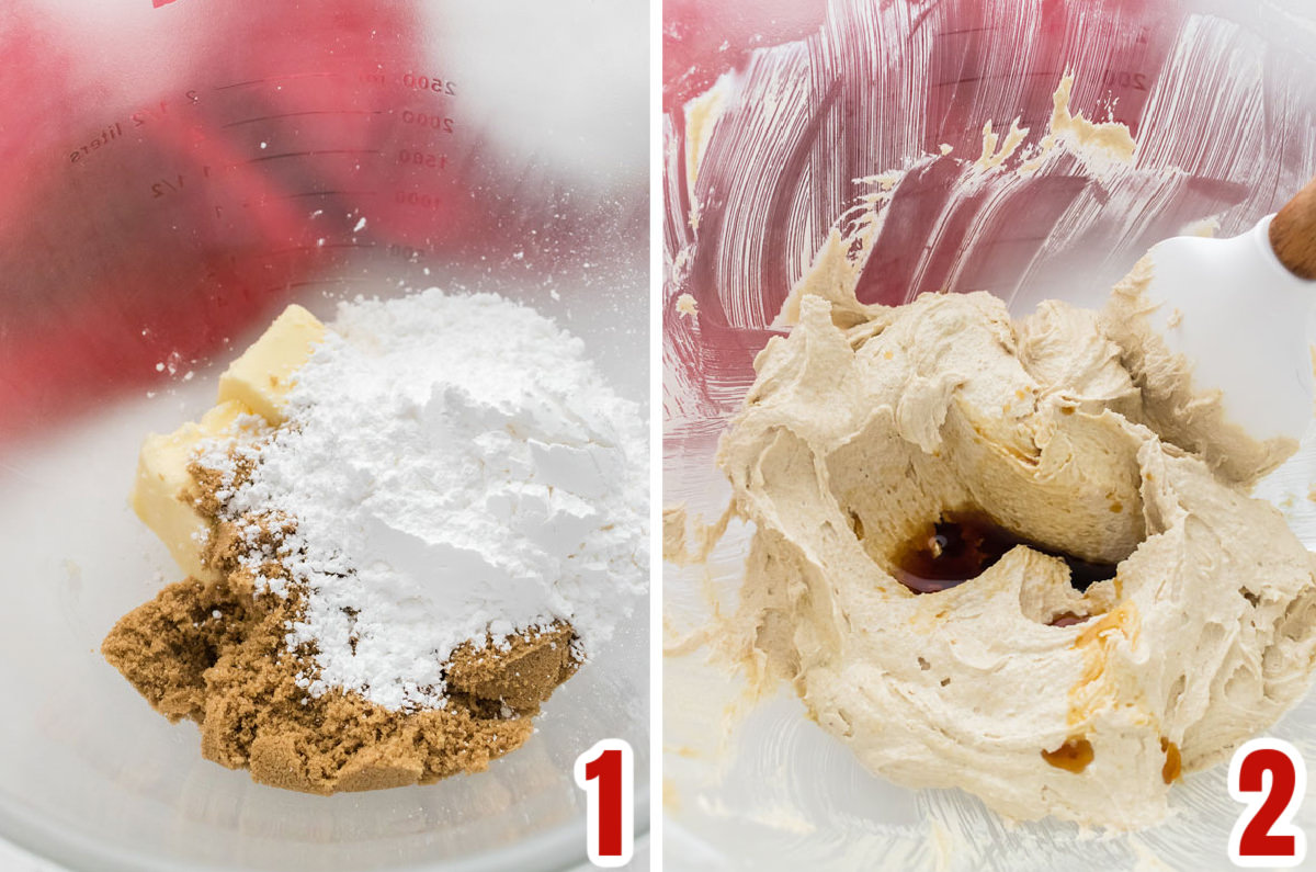Collage image showing how to cream the butter, sugar and vanilla to make the Cookie Dough Buttercream Frosting.
