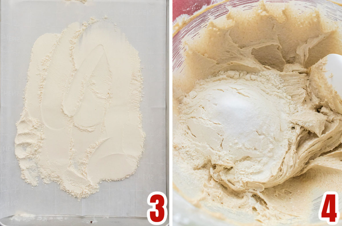 Collage image showing how to add the heat treated flour to the cookie dough frosting.