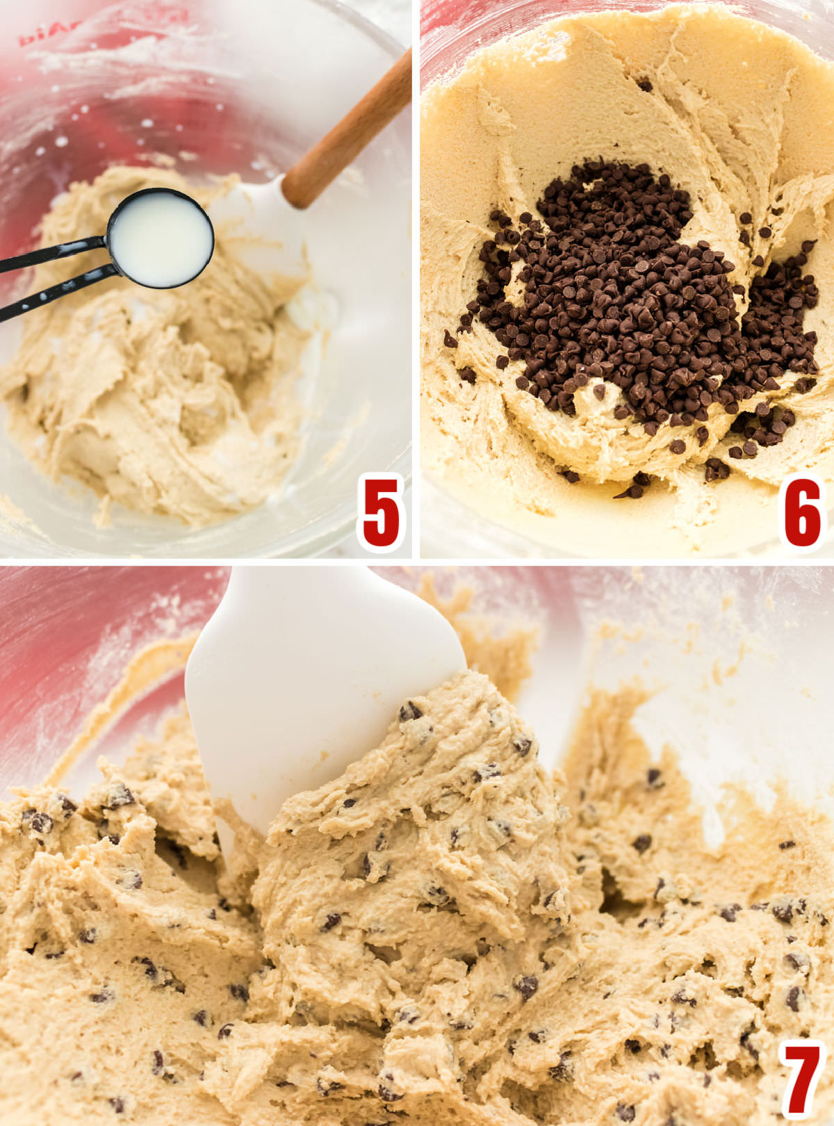 Collage image showing how to add the milk an the mini chocolate chips to the Cookie Dough Frosting.