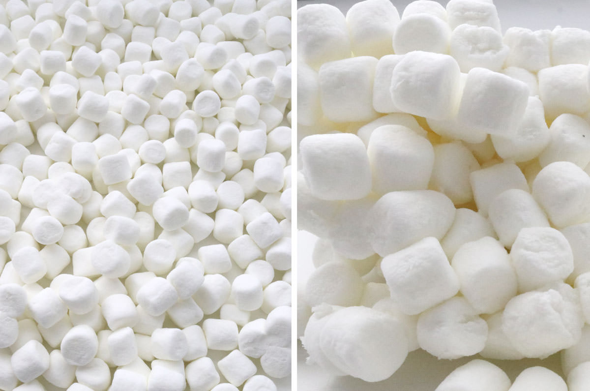 Collage image showing the difference between old marshmallow and fresh. marshmallows.