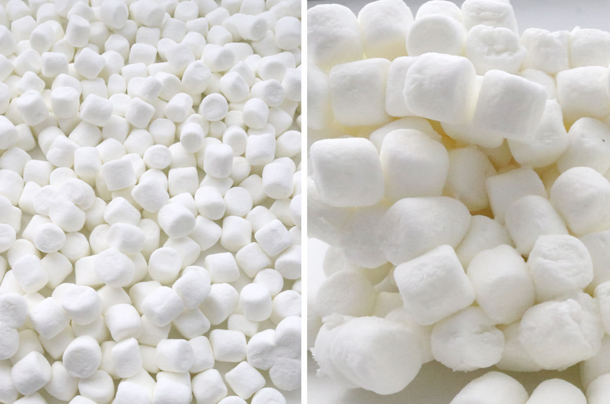 Collage image showing the difference between old marshmallow and fresh. marshmallows.