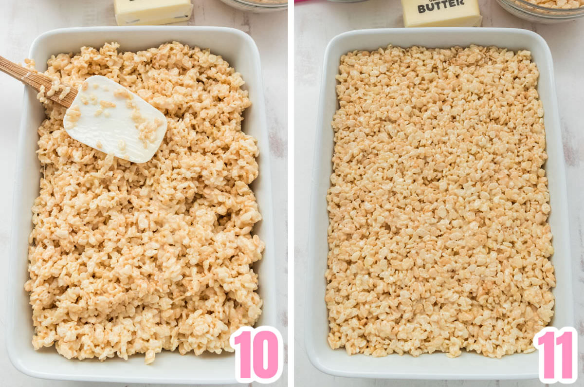Collage image showing the steps for pressing down the Rice Krispie Treat mixture into the serving pan.
