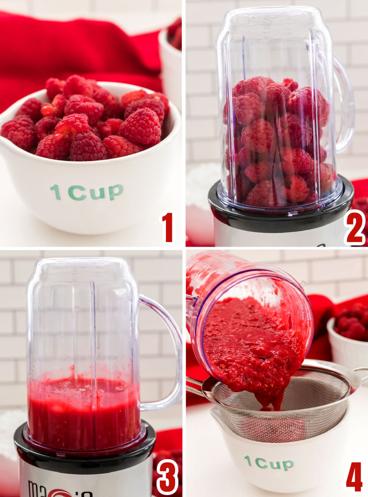 Collage image showing how to make the Raspberry Puree for the frosting.
