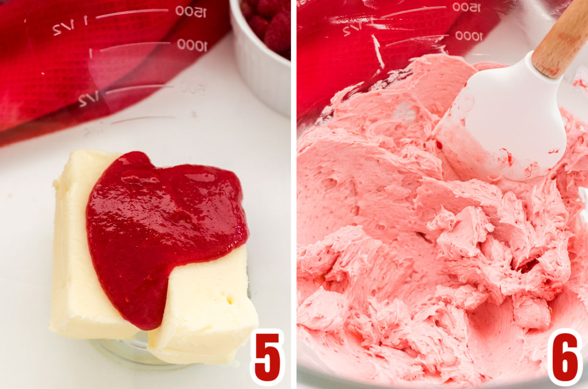 Collage image showing how to mix the raspberry puree with the softened butter.