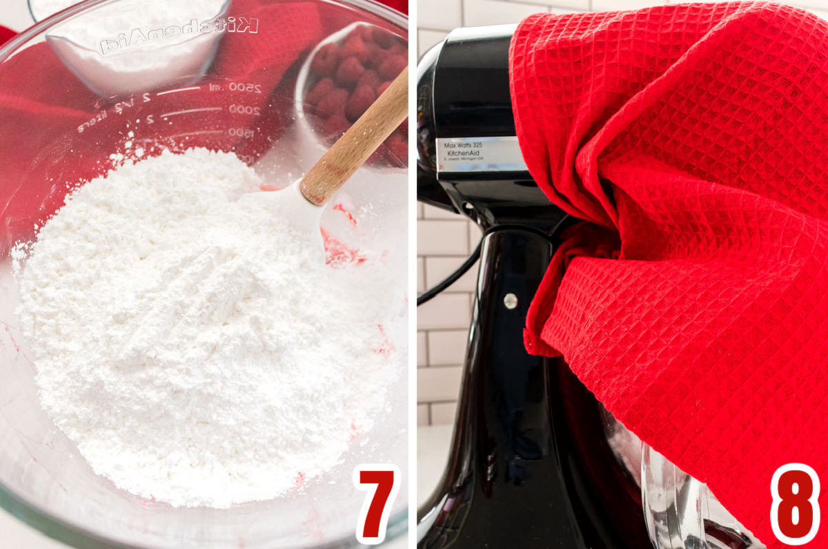 Collage image showing the steps for adding the powdered sugar to the frosting.