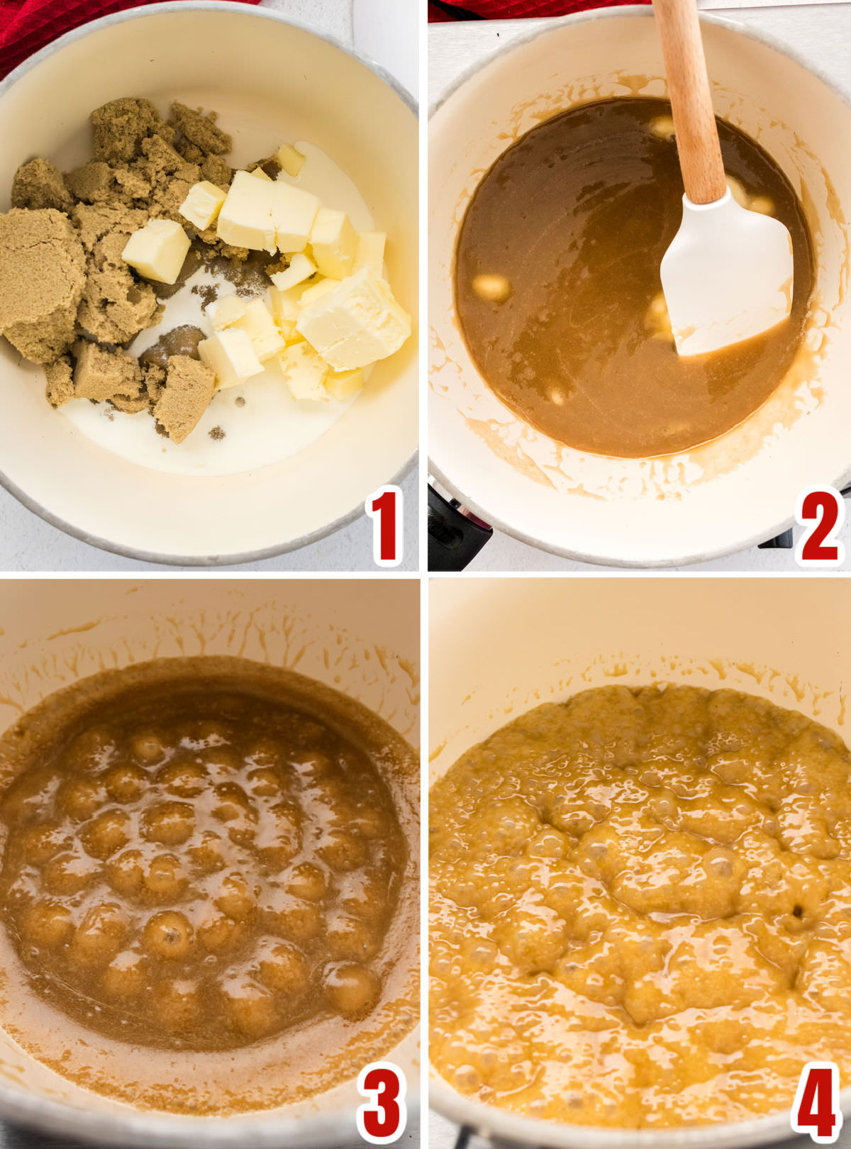 Collage image showing the steps for making a homemade caramel sauce.