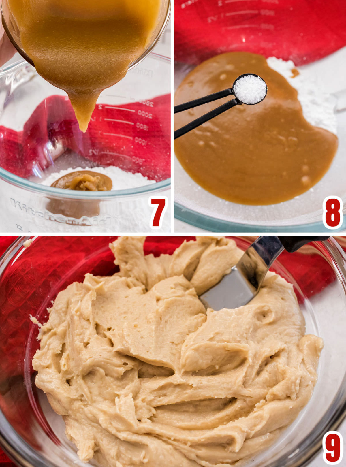 Collage image showing the steps for turning homemade caramel sauce into Salted Caramel Frosting.