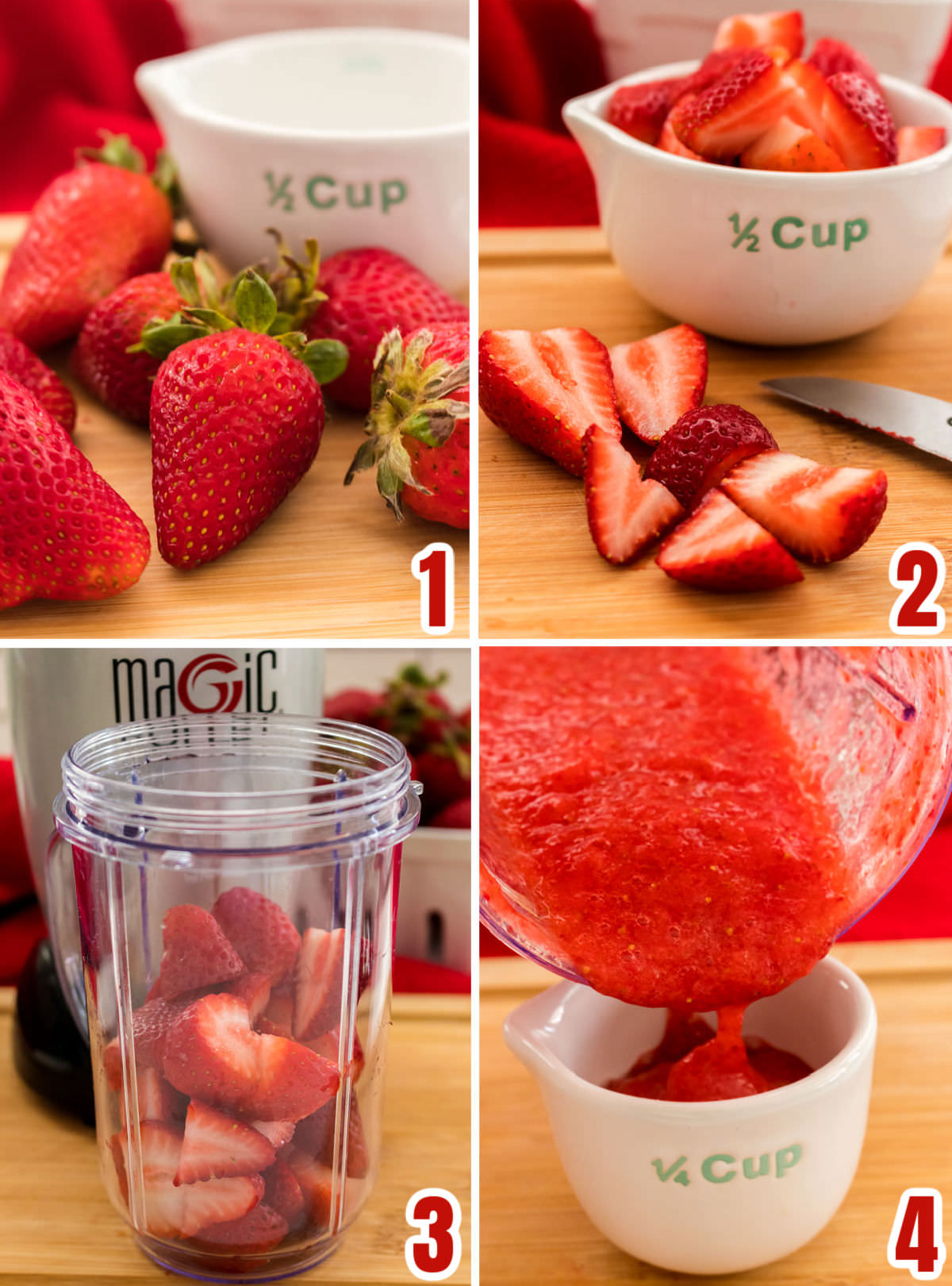 Collage image showing the steps necessary to turn fresh strawberries into strawberry puree.