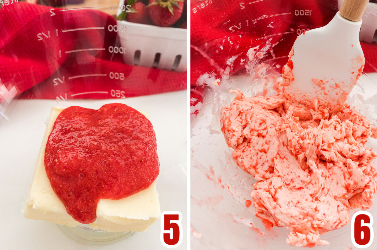 Collage image showing the steps for creaming the strawberry puree with the softened butter.
