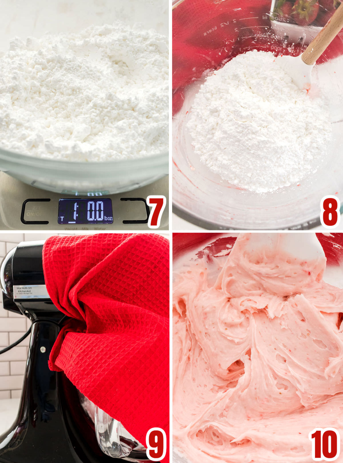 Collage image of the steps necessary to mix the powdered sugar with the butter and strawberry mixture.